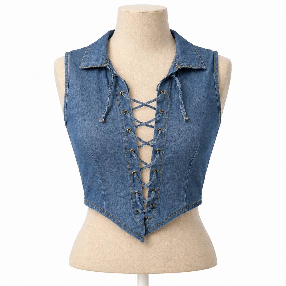 Vintage Y2K Denim Lace Up Sleeveless Top Size L Blue Western Cowgirl Boho Indie